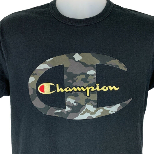 Champion Camouflage T Shirt Medium Big Logo Camo Crew Neck Streetwear Mens Black