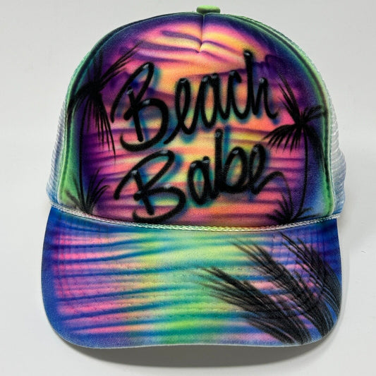 Hand Airbrushed Beach Babe Trucker Hat Baseball Cap Tropical Mesh Snapback White