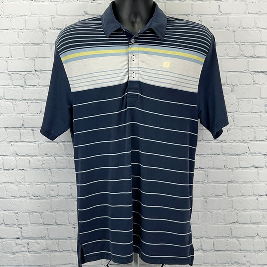 Travis Mathew Polo Shirt Blue Striped Golf Golfer Golfing Logo Mens M Medium