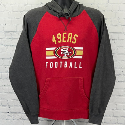 Men's red and gray NFL 49ers hoodie with front pocket and team logo, size large, front view