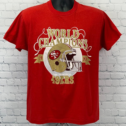 Vintage red t-shirt featuring San Francisco 49ers World Champions graphic, size medium, front view