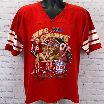 Vintage red 49ers NFC Champs shirt featuring bold graphics and stripes on sleeves, size large, front view
