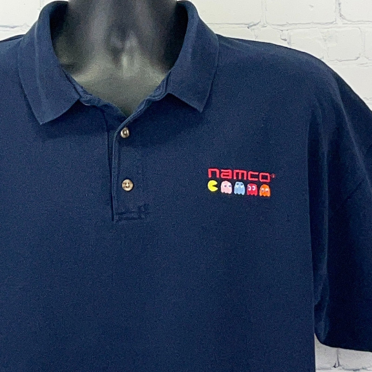 Namco Pac-Man Ghosts Embroidered Polo Shirt Mens 2XL XXL Navy Blue Short Sleeve