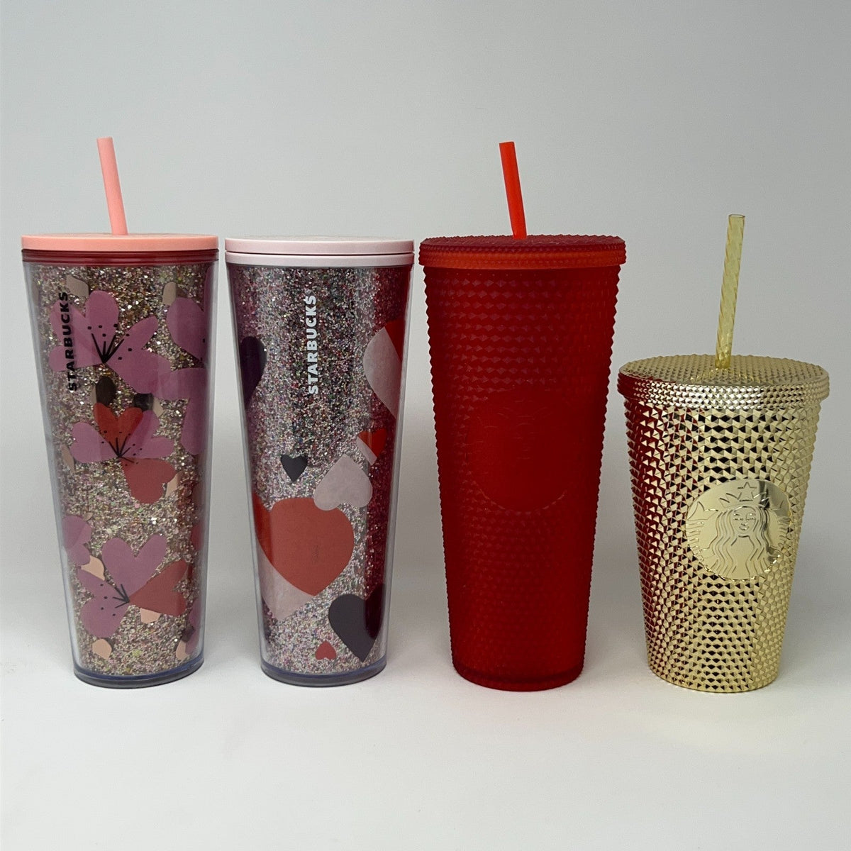 Lot of 4 Starbucks Cold Cup Tumblers Studded Gold Red Glitter Hearts Flowers Set