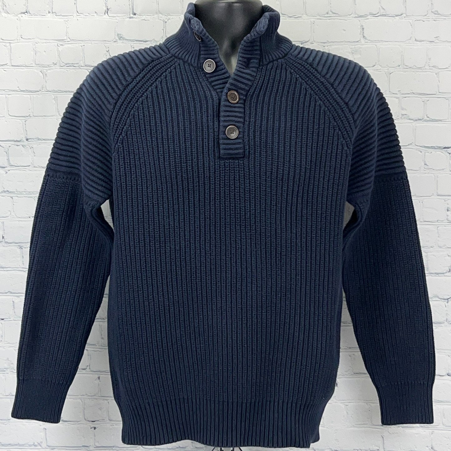 Esprit Original Cotton Rib Knit Sweater Mens M Medium Navy Blue Button Mock Neck