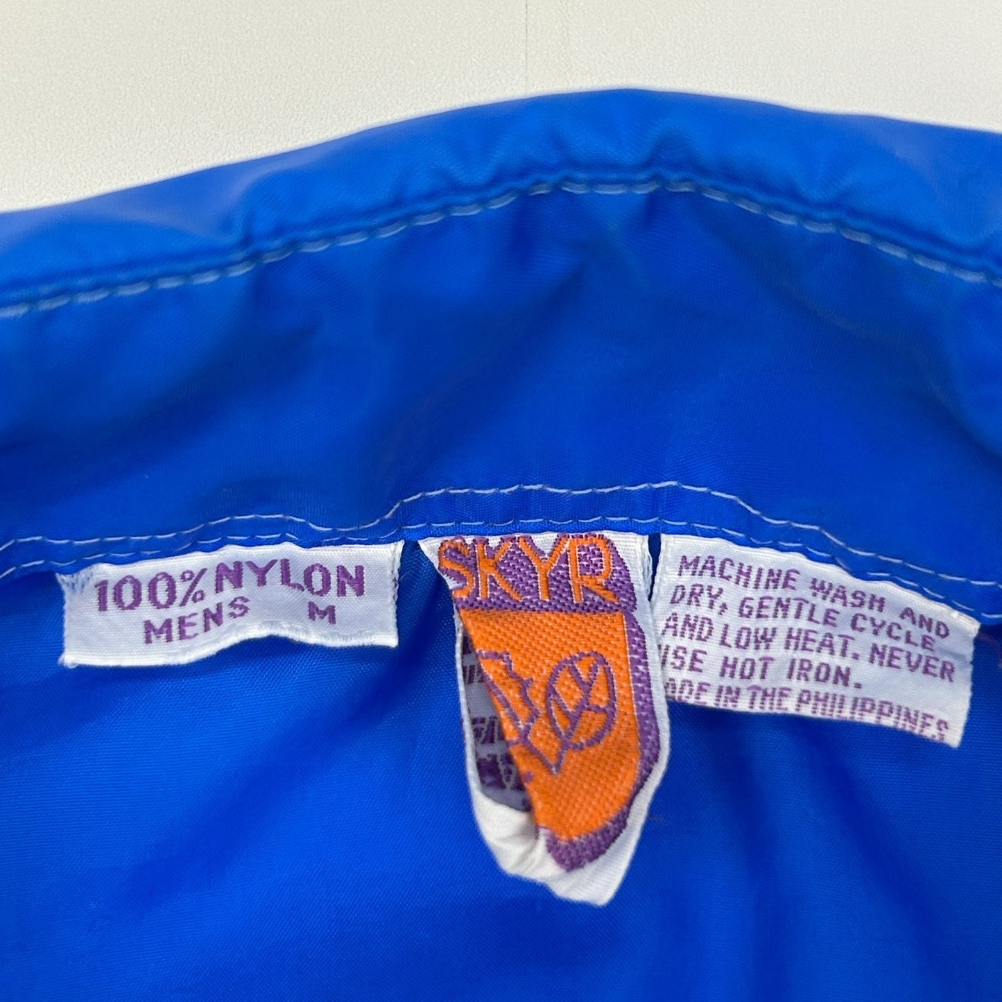 Vintage 70s Skyr Button Front Shirt Jacket Blue Disco Big Collar Nylon M Medium