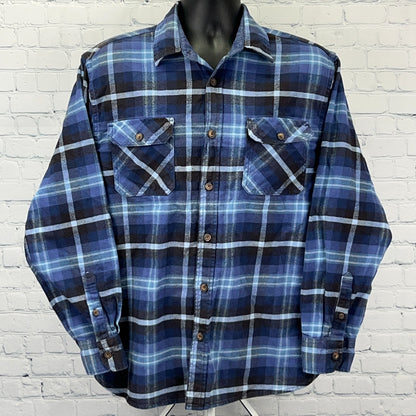 Jachs Mfg Heritage Flannel Button Front Shirt L Large Blue Plaid Pockets Cotton