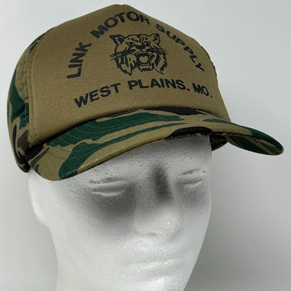 Vintage 80s Link Motor Supply Hat Baseball Cap Camouflage Auto Snapback Beige