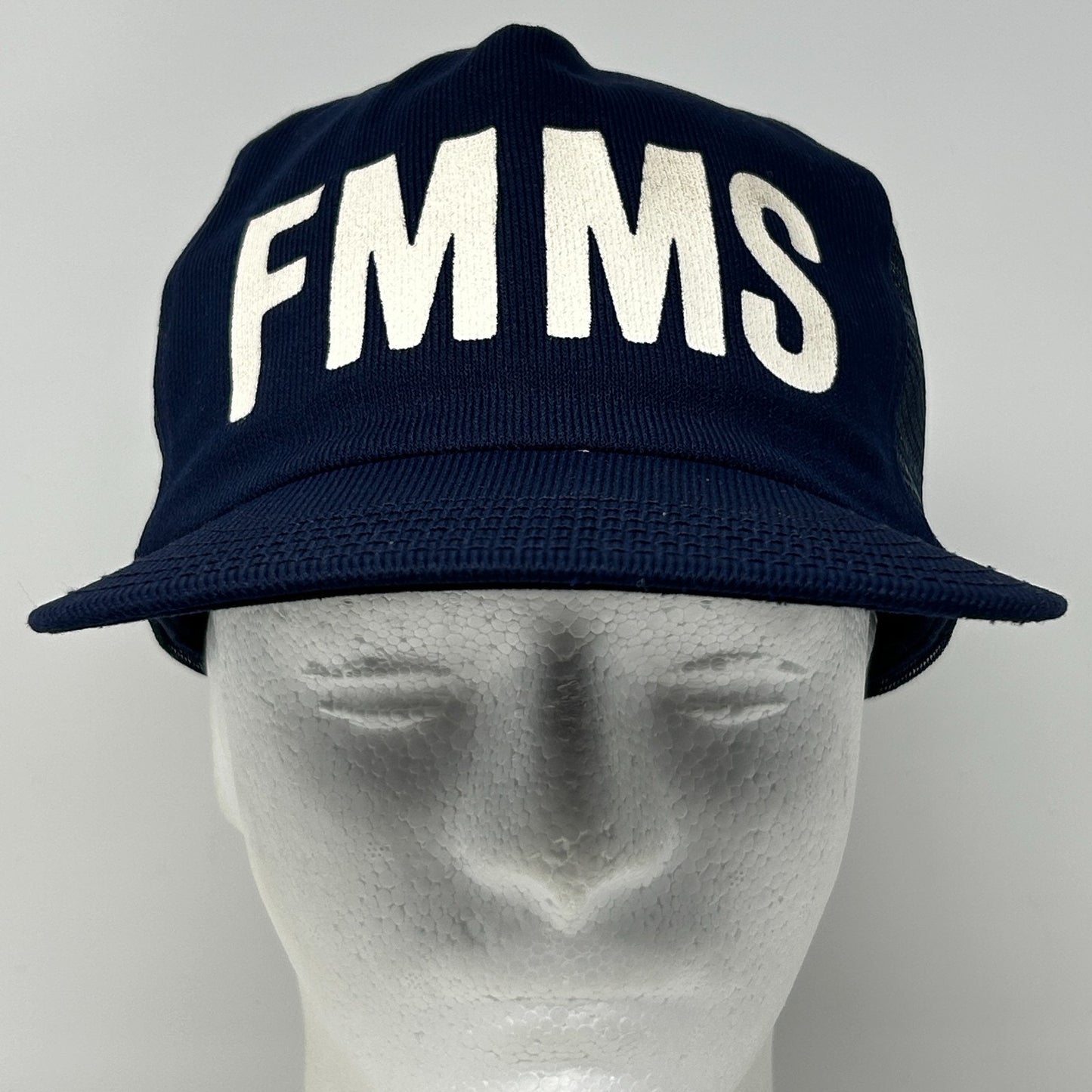 Vintage 90s FMMS Trucker Hat Baseball Cap Made In USA Mesh Snapback Navy Blue