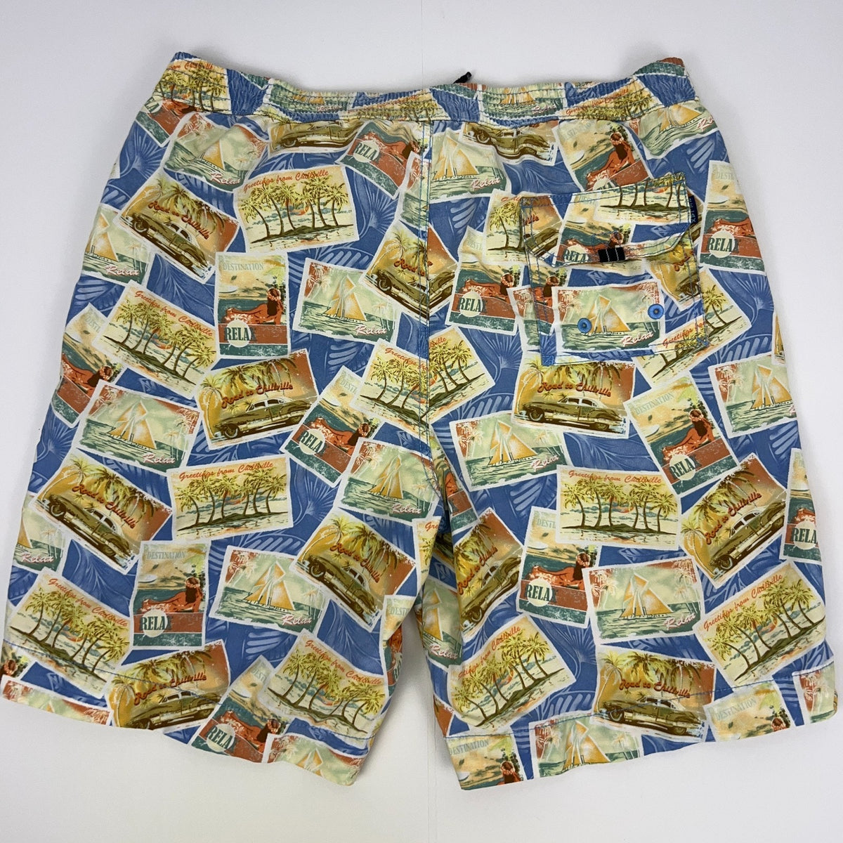 Tommy Bahama Relax Swim Trunks M Medium Blue Postcard Print Board Shorts Lined - Neon Vintage