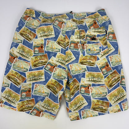 Tommy Bahama Relax Swim Trunks M Medium Blue Postcard Print Board Shorts Lined - Neon Vintage