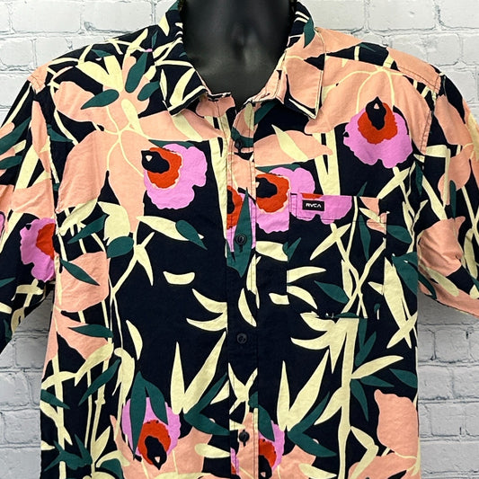 RVCA Button Front Shirt Floral Hawaiian PM Tenore Short Sleeve Black XL X-Large