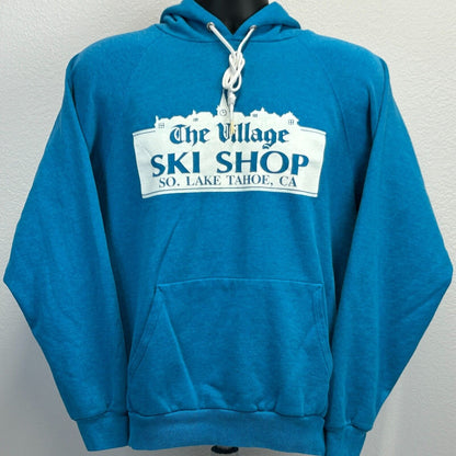 Vintage The Village Ski Shop Hoodie Medium Lake Tahoe Snowboard Skiing Mens Blue