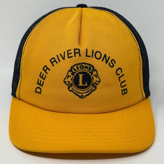 Vintage 80s Deer River Lions Club Trucker Hat Baseball Cap Yellow Snapback USA