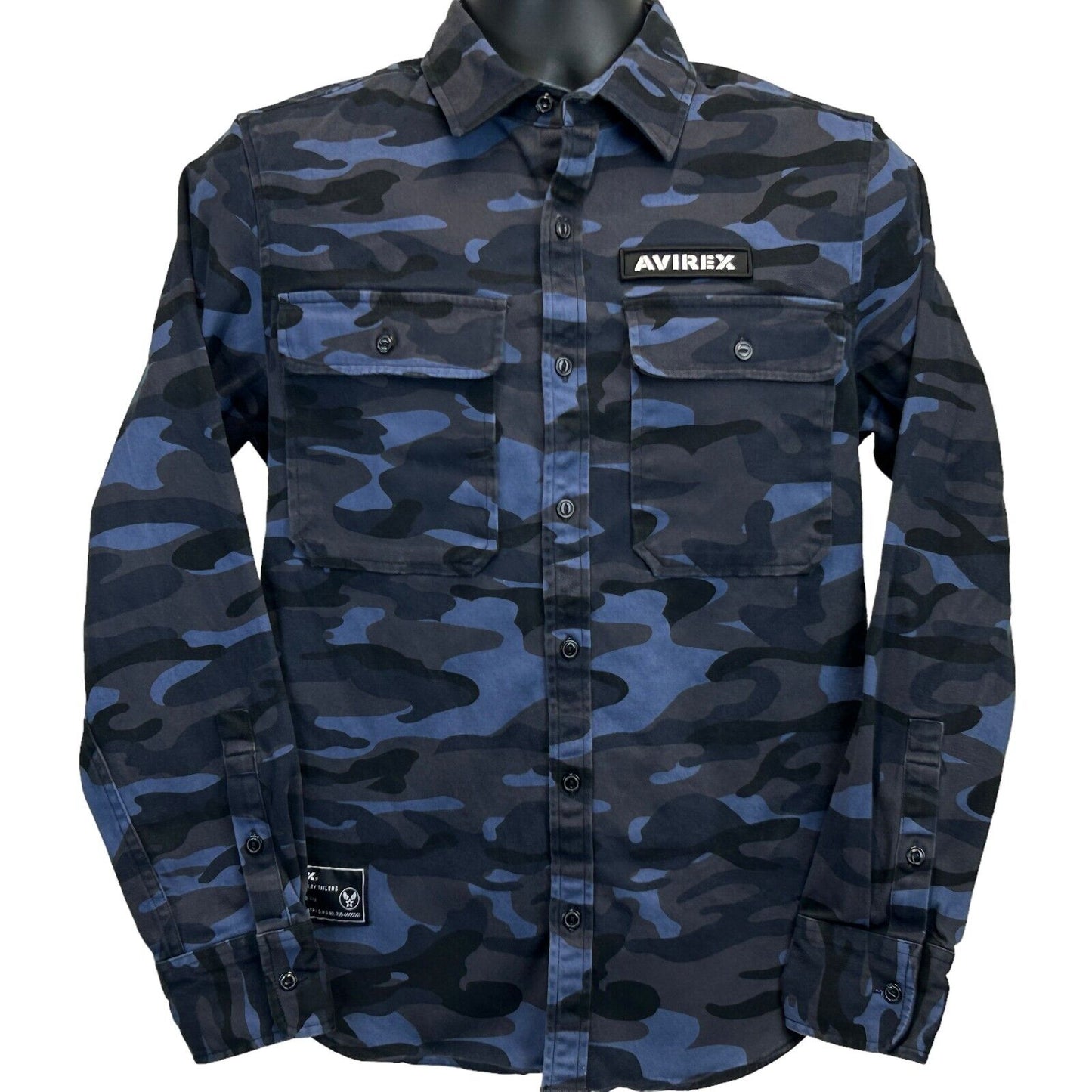 Avirex Camouflage Button Front Shirt Small Military Long Sleeve Camo Mens Blue