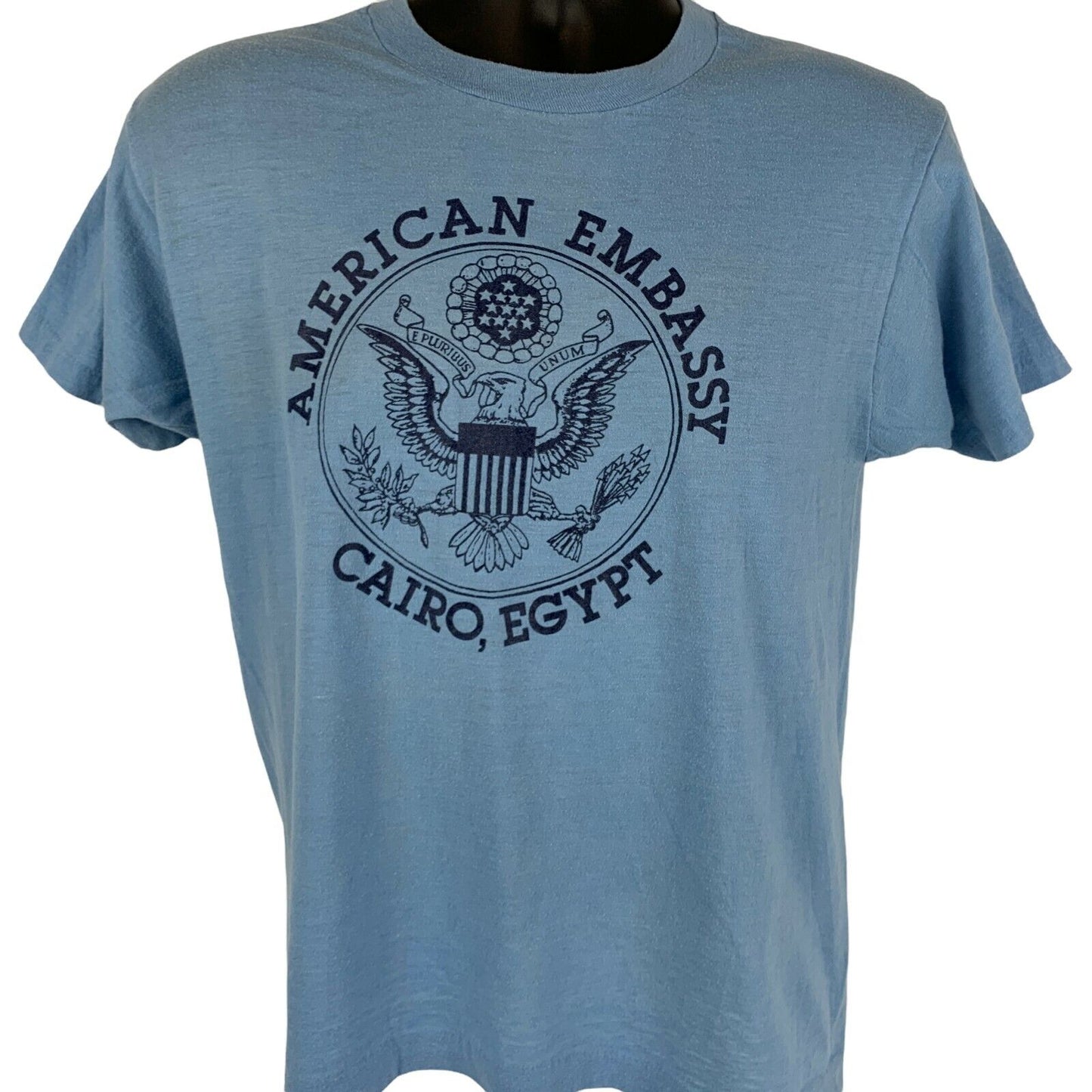 American US Embassy Cairo Egypt Vintage 80s T Shirt Medium Africa Tee Mens Blue