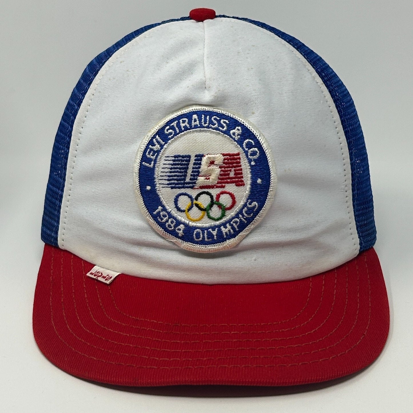 Vintage 80s Levi Strauss 1984 Olympics Trucker Hat Cap Blue Levis Mesh Snapback