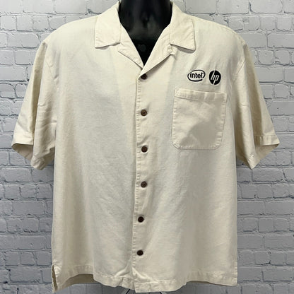 Intel HP Camp Shirt Button Front Hewlett Packard Pocket Silk Blend Beige L Large