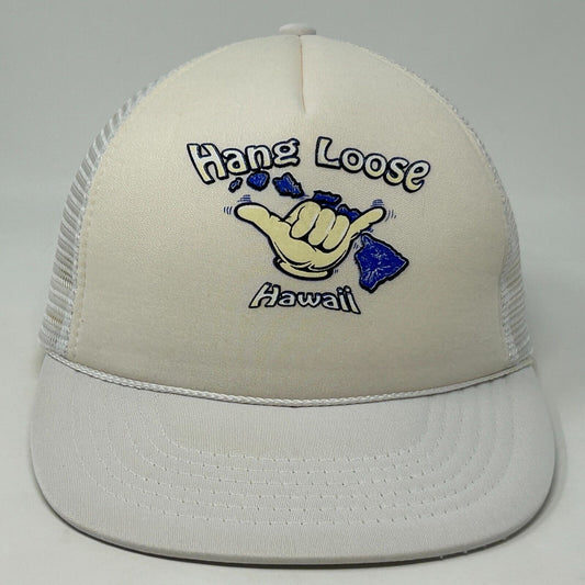 Hang Loose Hawaii Trucker Hat Cap White Vintage 90s Shaka Sign Surfer Snapback - Neon Vintage