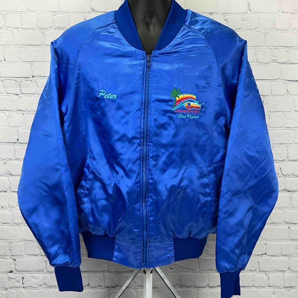 Vintage Maui One Excavating Las Vegas Satin Bomber Jacket L Large USA Made Blue