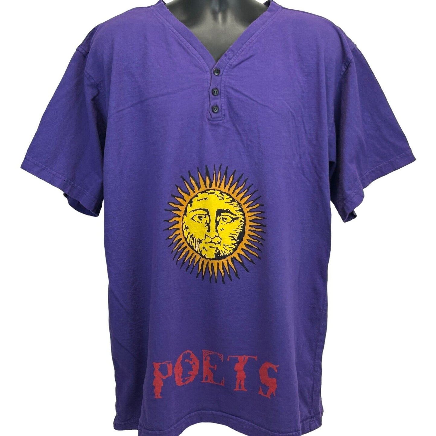 Camiseta vintage de los años 90 con estampado de Rag Poets Sun Face, talla XL, color morado, fabricada en EE. UU.