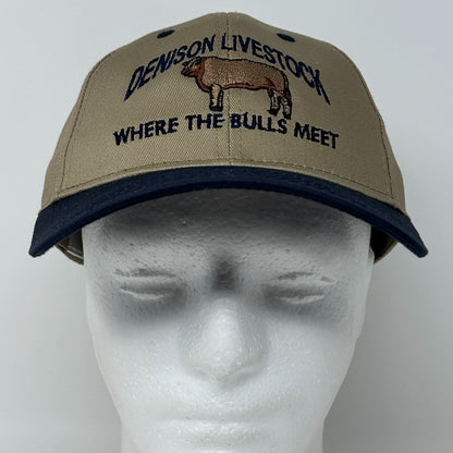 Vintage 90s Denison Livestock Auction Hat Baseball Cap Iowa Bulls Snapback Beige