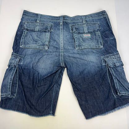 True Religion Isaac Denim Basic Cargo Jean Shorts Frayed Cut Off Blue Mens 42