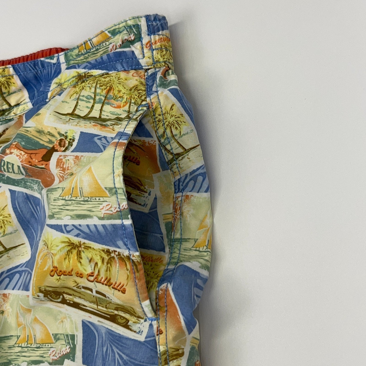 Tommy Bahama Relax Swim Trunks M Medium Blue Postcard Print Board Shorts Lined - Neon Vintage