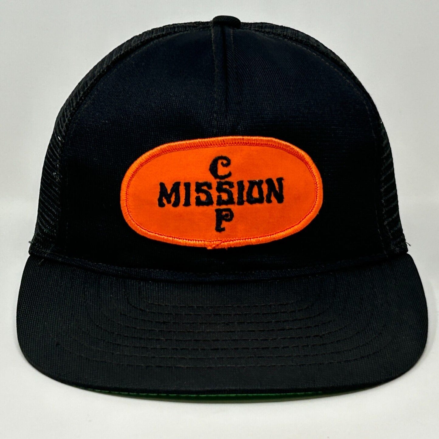 Gorra de camionero con parche CSP de Mission CP, gorra de béisbol con cierre trasero de malla negra de los años 80