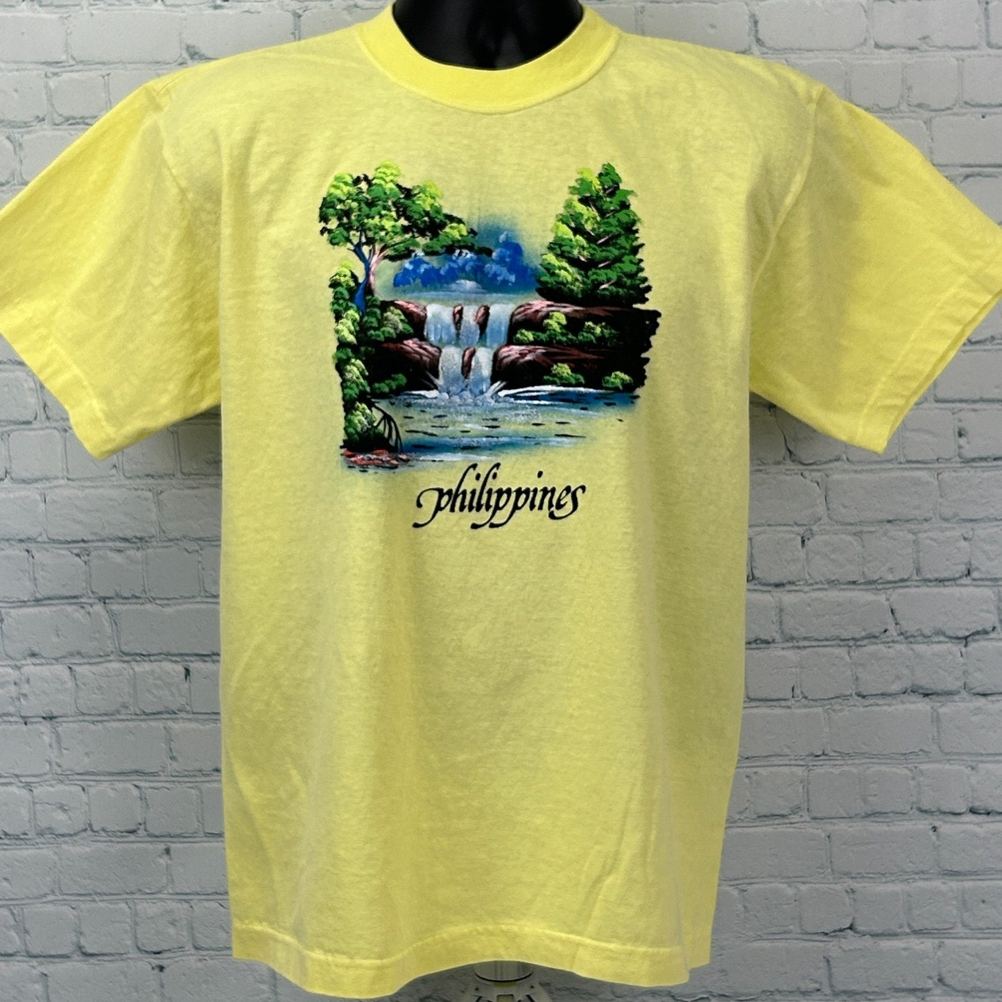 Vintage 90s Philippines T Shirt Filipino Hand Painted Waterfall Yellow M Medium