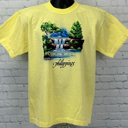 Vintage 90s Philippines T Shirt Filipino Hand Painted Waterfall Yellow M Medium