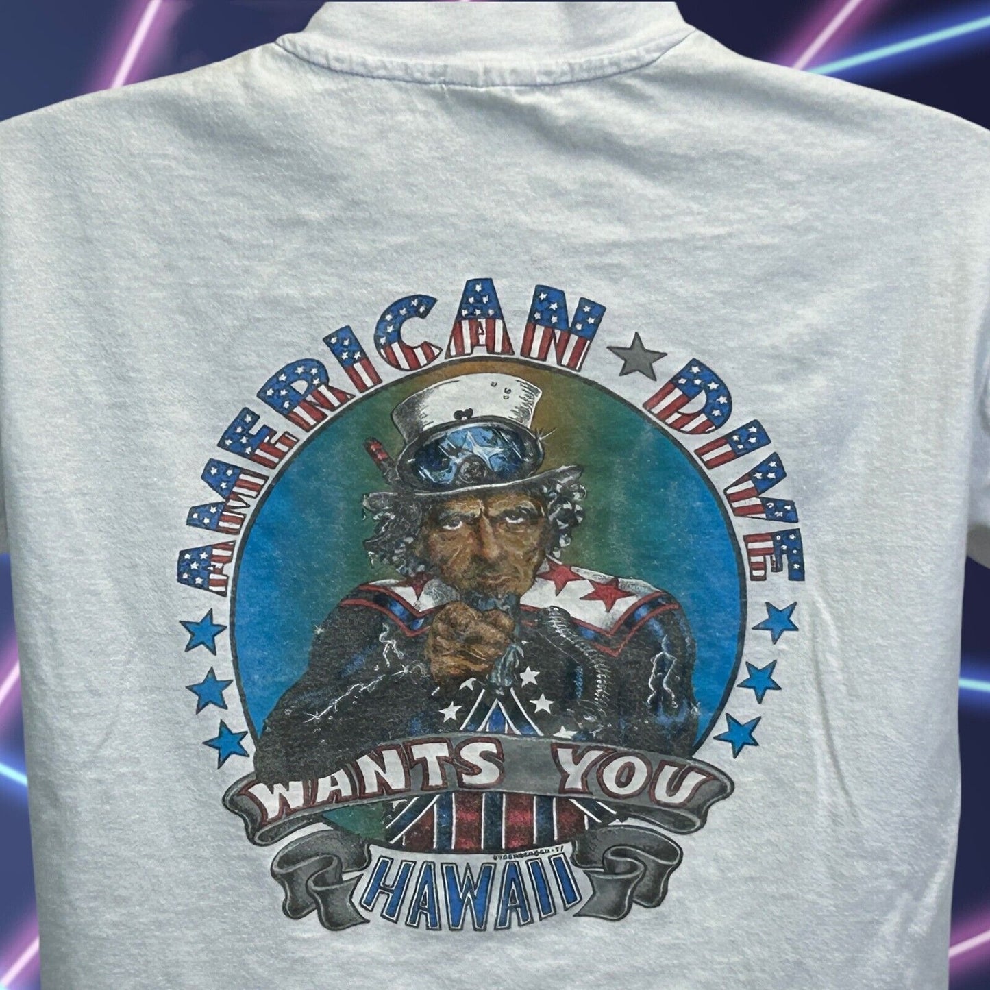 Vintage American Dive Oahu Hawaii T Shirt Mens Medium 80s SCUBA Diving USA Blue