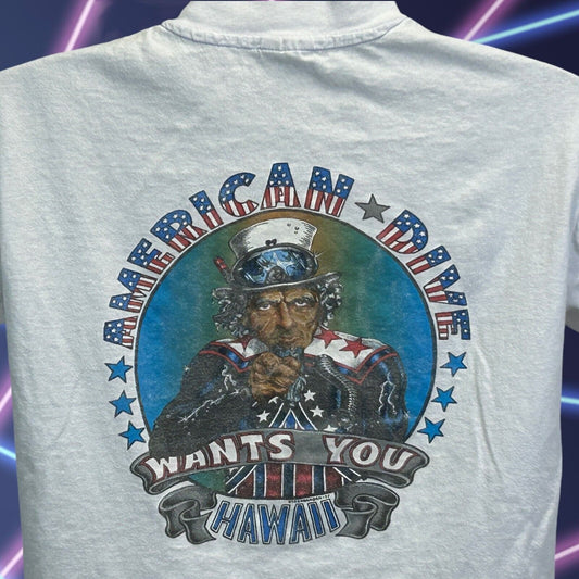 Camiseta vintage americana de buceo Oahu Hawaii para hombre, talla mediana, años 80, buceo, EE. UU., azul