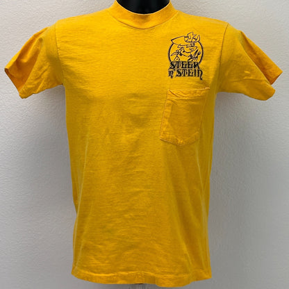 Vintage 70s Steer N Stein Stay Off Grass Drink Wine T Shirt Yellow XS X-Small