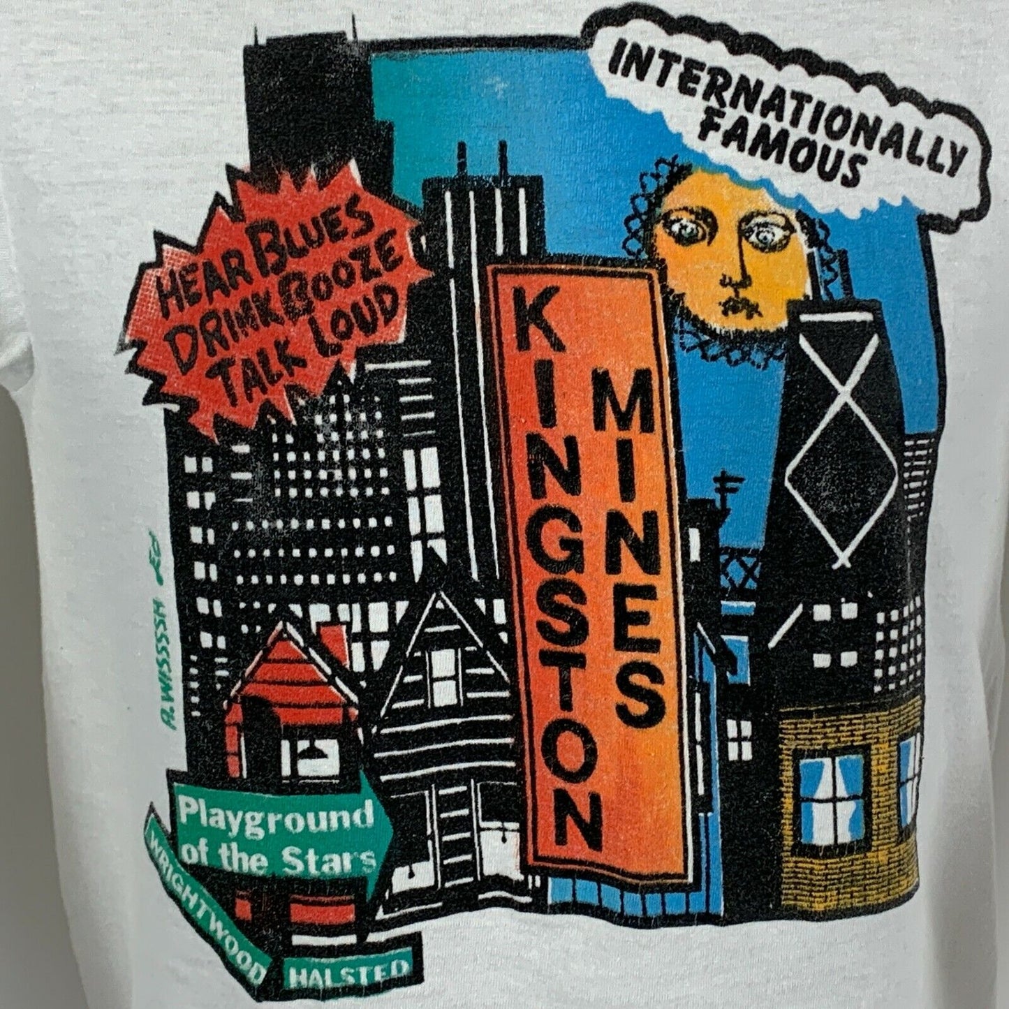 Kingston Mines Chicago Blues Center Vintage 80s T Shirt XS X-Small LS Mens White