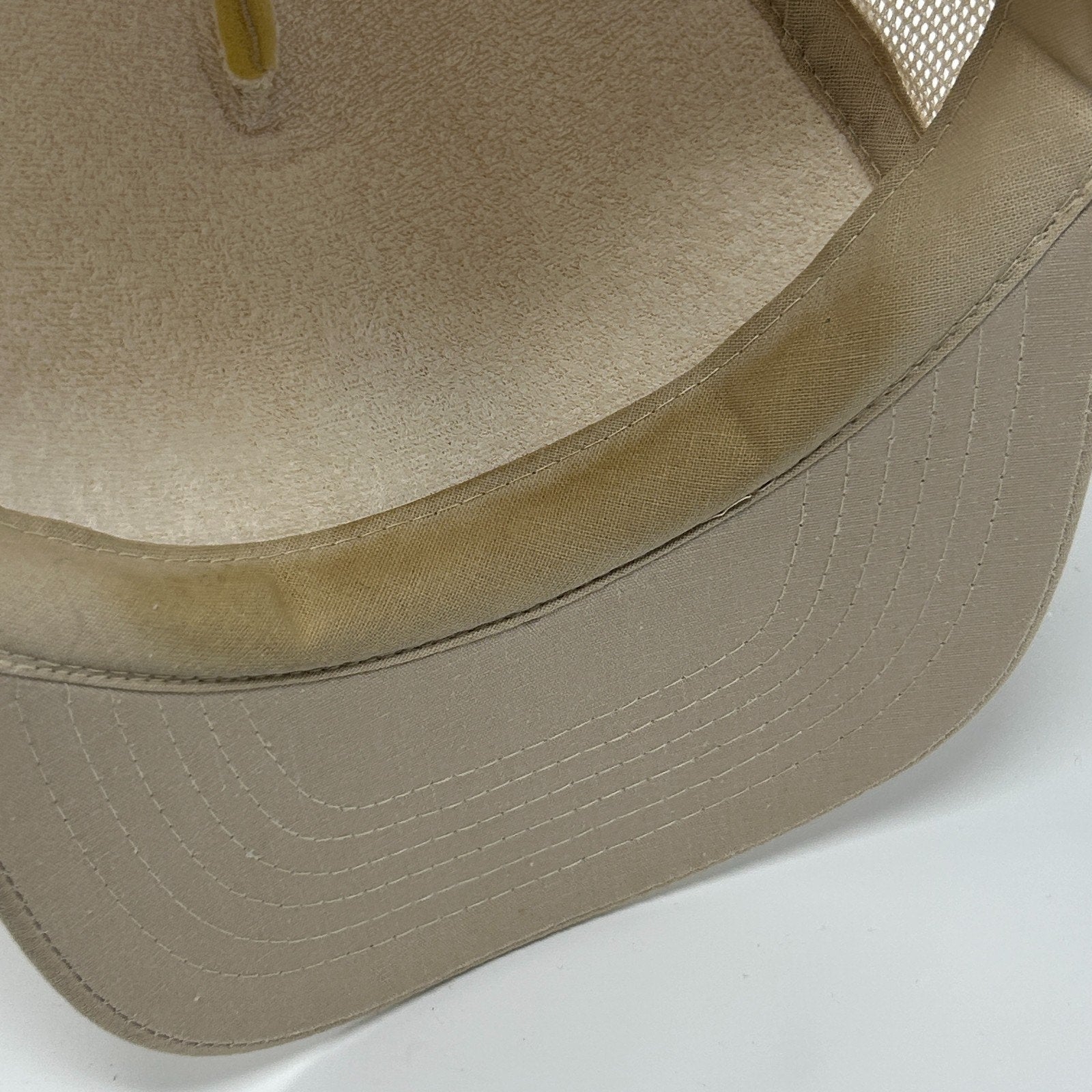 Vintage 80s Frontier Flaked Feed Trucker Hat Baseball Cap Farmer Beige Snapback - Neon Vintage