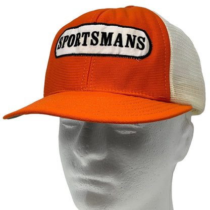 Sportsmans Trucker Hat Vintage 80s Made In USA Orange Mesh Snapback Baseball Cap