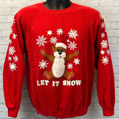 Vintage 80s Let It Snow Christmas Sweatshirt Sweater USA Made Red Mens M Medium