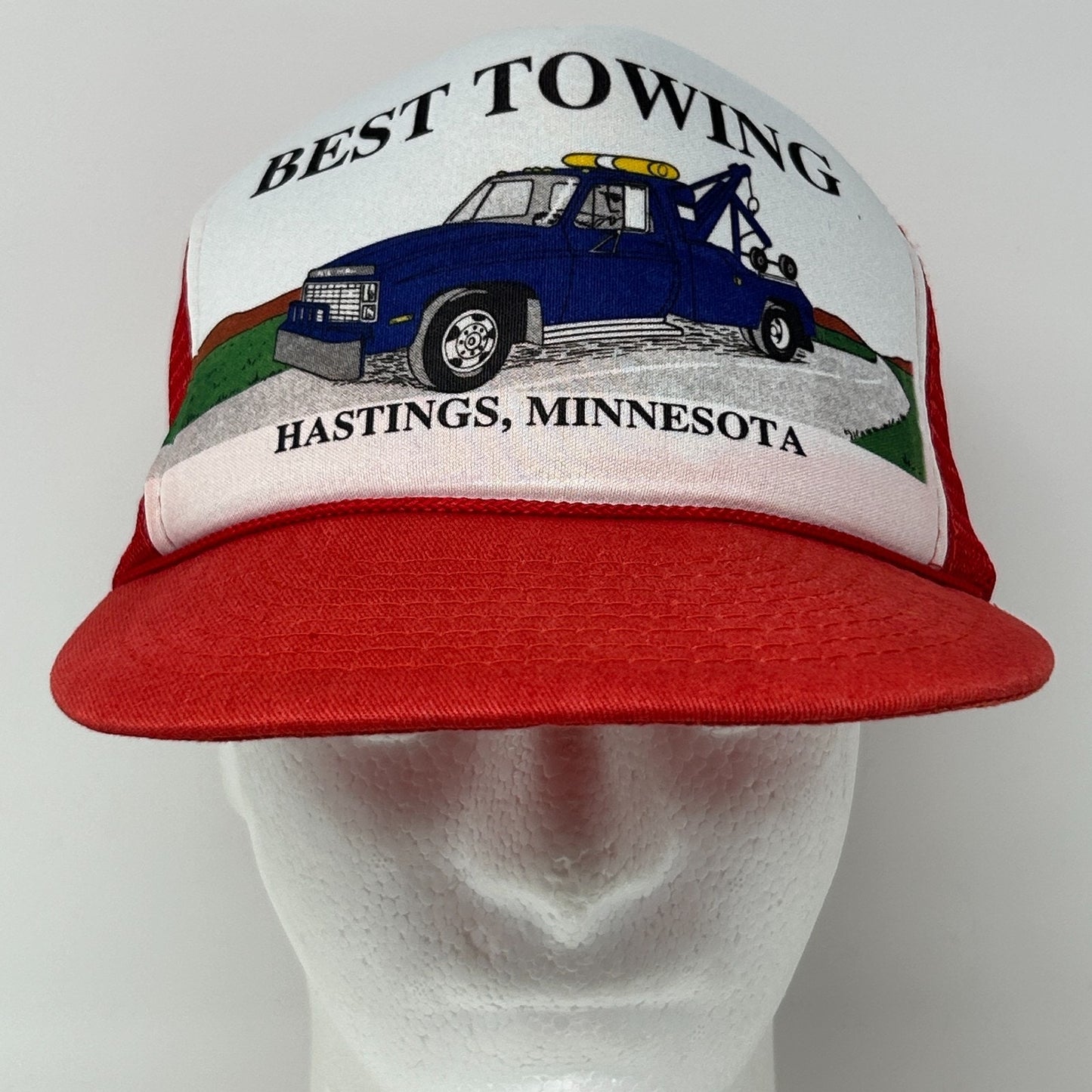 Vintage Best Towing Hastings Minnesota Trucker Hat Cap Red Tow Truck Snapback