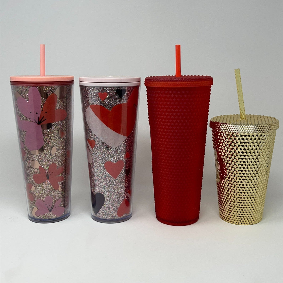 Lot of 4 Starbucks Cold Cup Tumblers Studded Gold Red Glitter Hearts Flowers Set