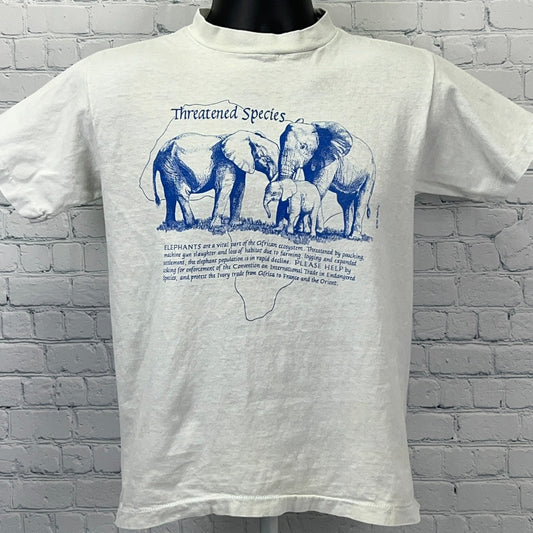 Vintage 80s Threatened Species Elephant Rhinoceros T Shirt White Unisex S Small