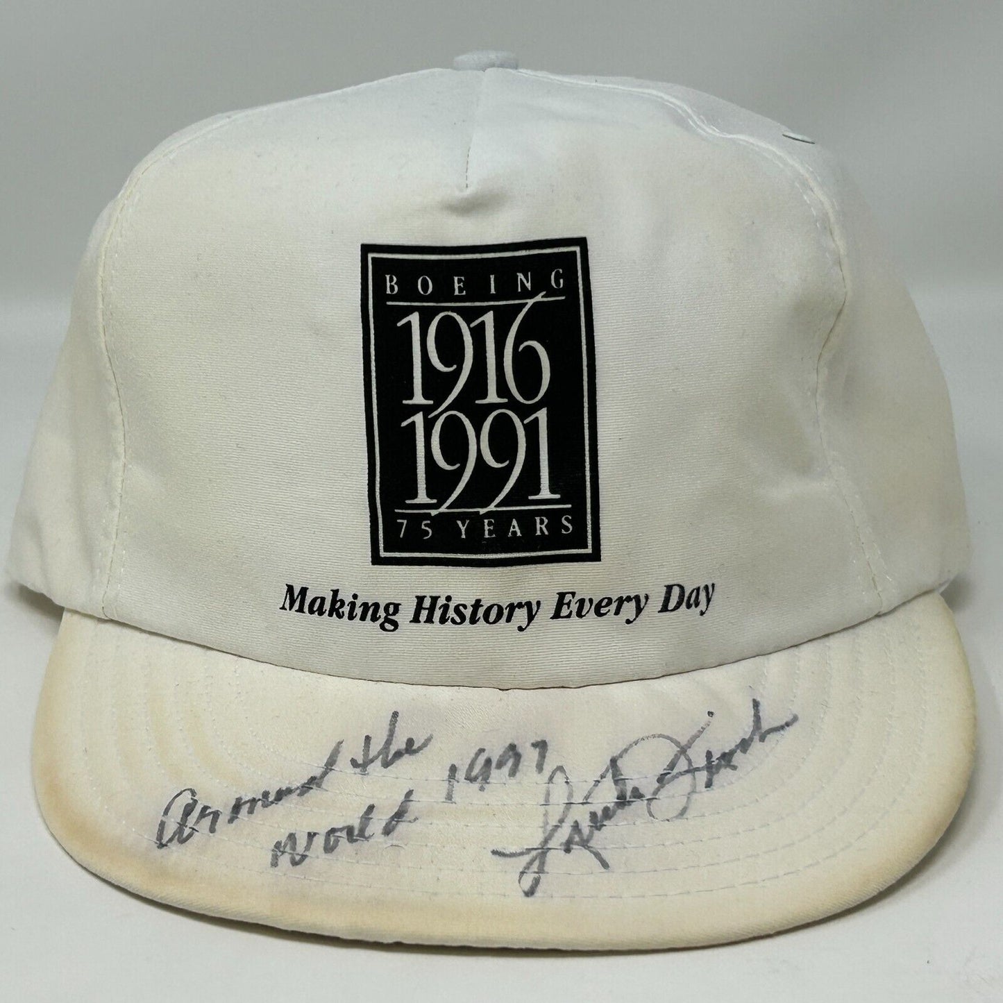 Pilot Linda Finch Autographed Hat Vintage 90s White Boeing Signed Baseball Cap