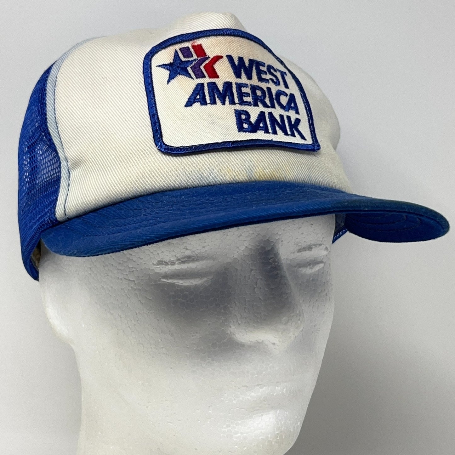 Vintage 80s West America Bank Trucker Hat Baseball Cap Banker Mesh Snapback Blue