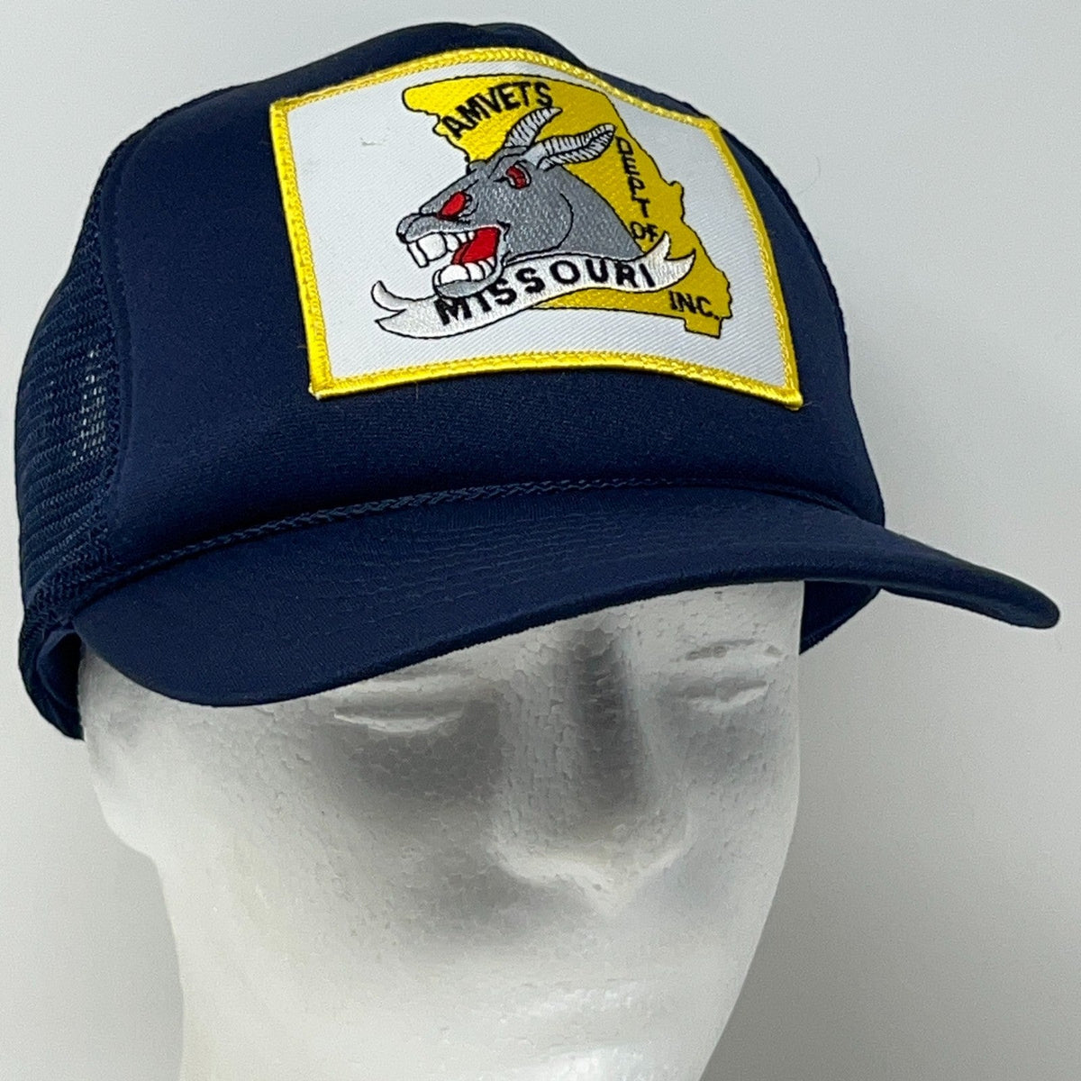 Vintage AMVETS Missouri Veterans Navy Blue Trucker Snapback Baseball Hat Cap