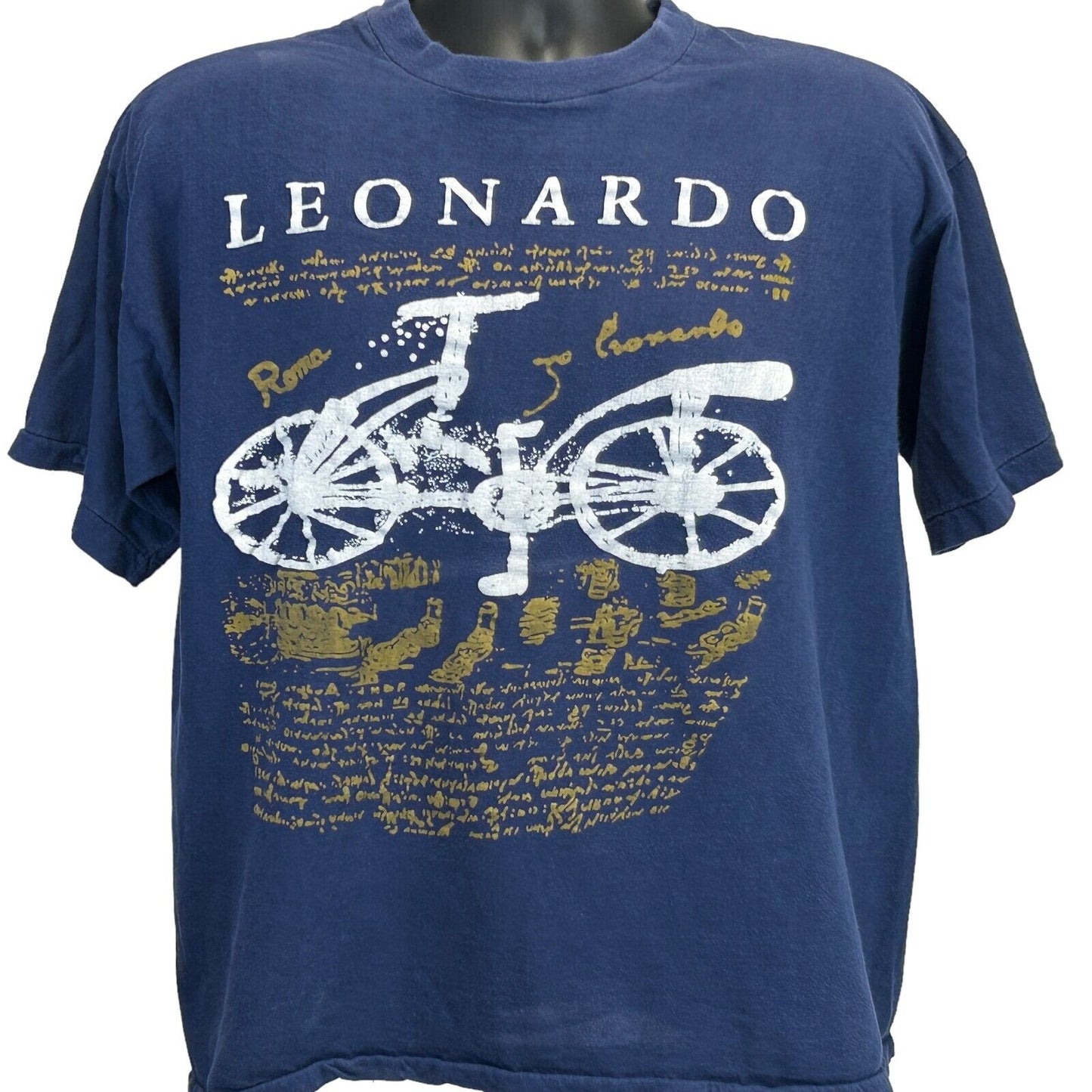 Camiseta vintage de Leonardo Da Vinci con diseño de bicicleta, talla mediana, años 80 y 90, para hombre, color azul