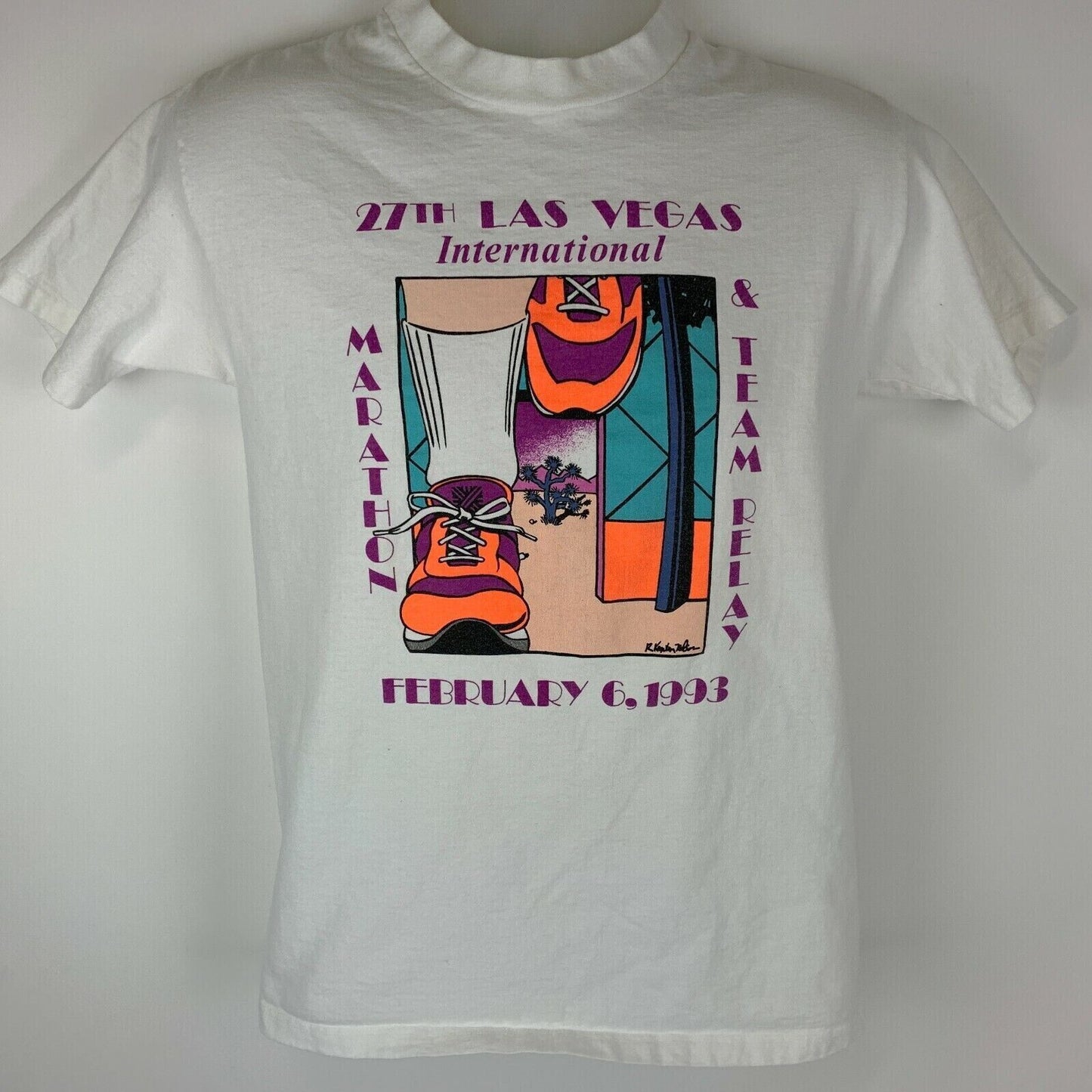 Camiseta vintage de los años 90 con diseño de maratón de Las Vegas, para hombre, color blanco, talla pequeña, para correr, fabricada en EE. UU.