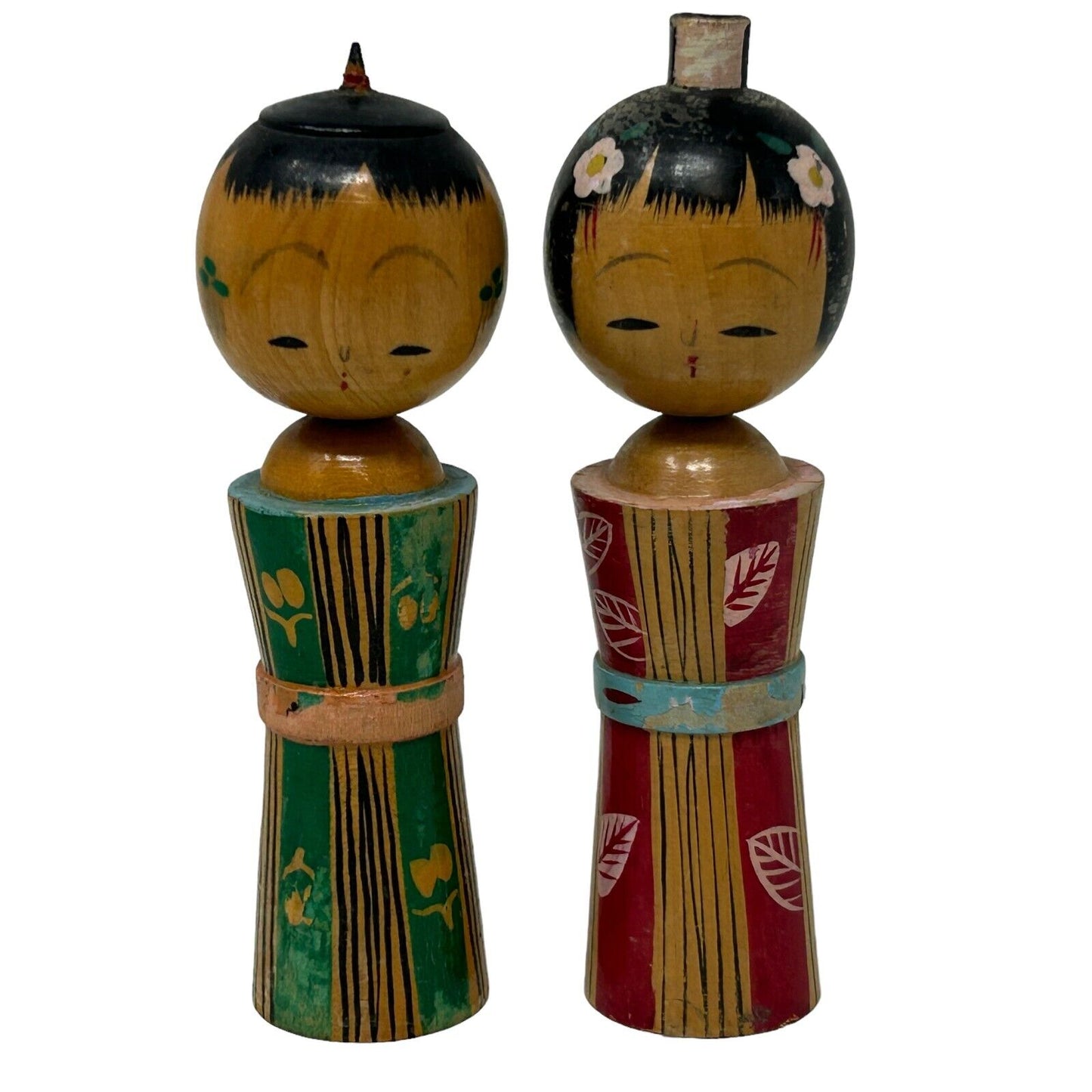 Set of 2 Vintage Japanese Wooden Couple Kokeshi Nodder Dolls Bobblehead Handmade
