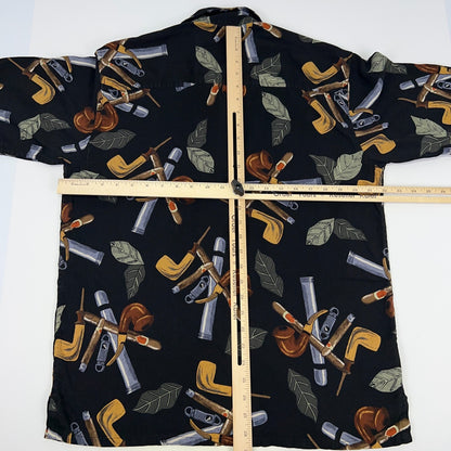 Paradise Coves Cigars Silk Hawaiian Camp Shirt Mens M Medium Black Button Front