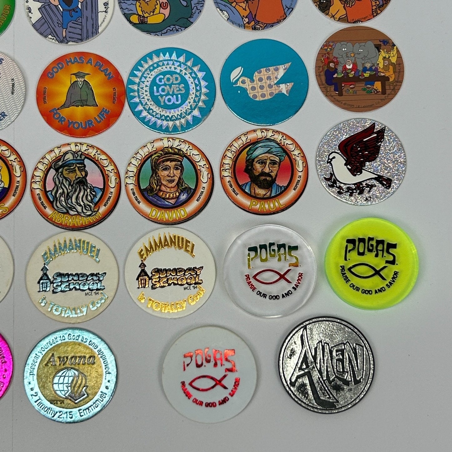 Vintage 90s Lot of 70 Christian Milk Caps Pieces Pogs Slammers Mats Jesus Bible