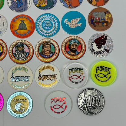Vintage 90s Lot of 70 Christian Milk Caps Pieces Pogs Slammers Mats Jesus Bible